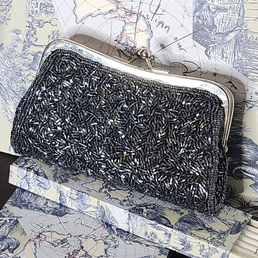 Elegant Navy Blue Beaded Clutch